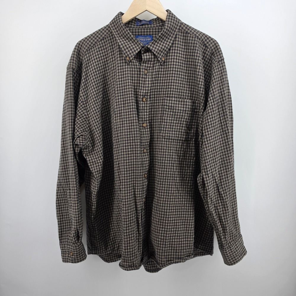 Sir Pendleton Mens XXL Brown Black Check Fine Worsted Wool Button Down Shirt